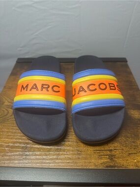 Marc Jacobs Navy Slides with Orange, Yellow & Blue Stripes